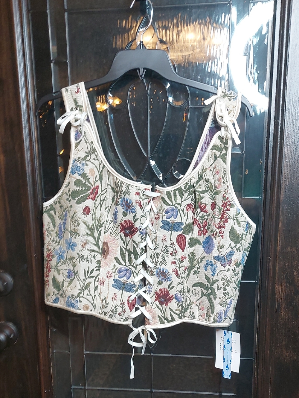 Cider Multicolor Floral Lace-Up Crop Top in Cream, Green, Red & Blue 2XL